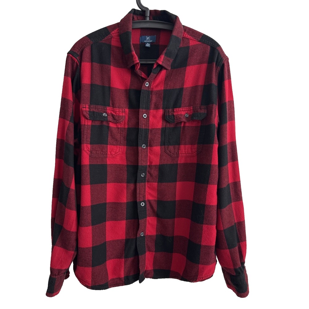 G George Mens Button Flannel XL Buffalo Plaid Pockets Trail Classic Timeless